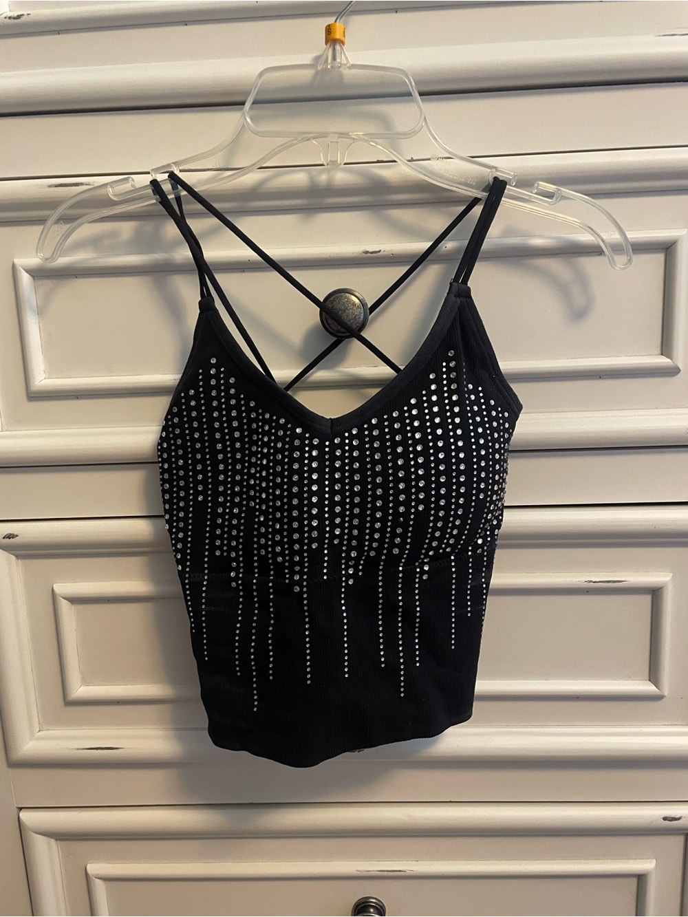 Women's Black Rhinestone-Strap Cami Top. Worn Once